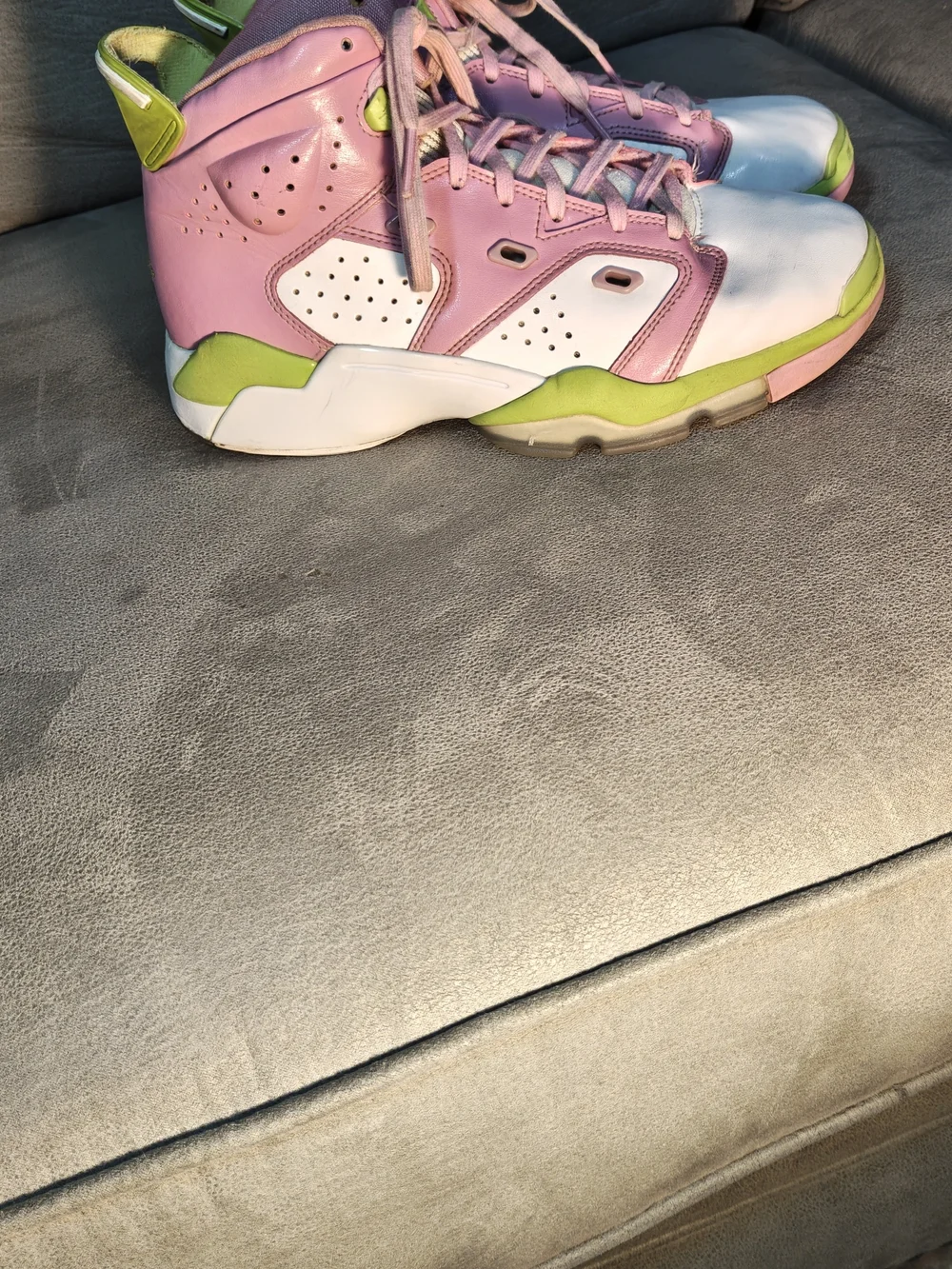 Jordan Kids High-Top Sneakers in Pink, White & Lime Green